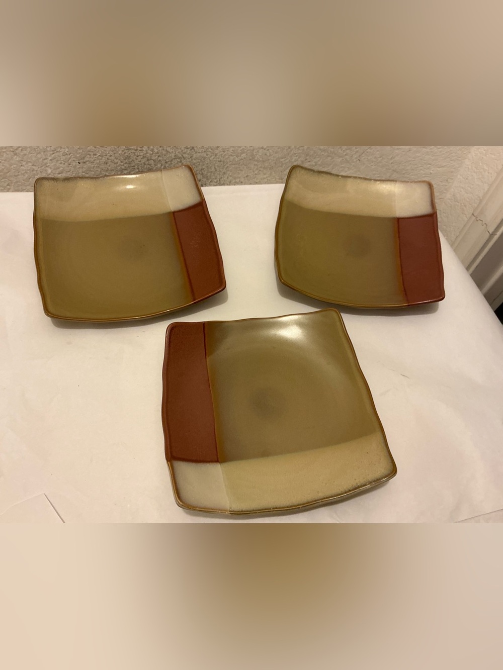 Set Of 3 Sango Gold Dust Sienna Salad Plates Square Dessert Tan 5039 8 1/4”